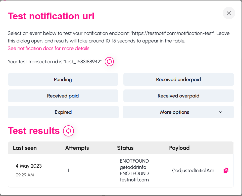 Dashboard notification test button